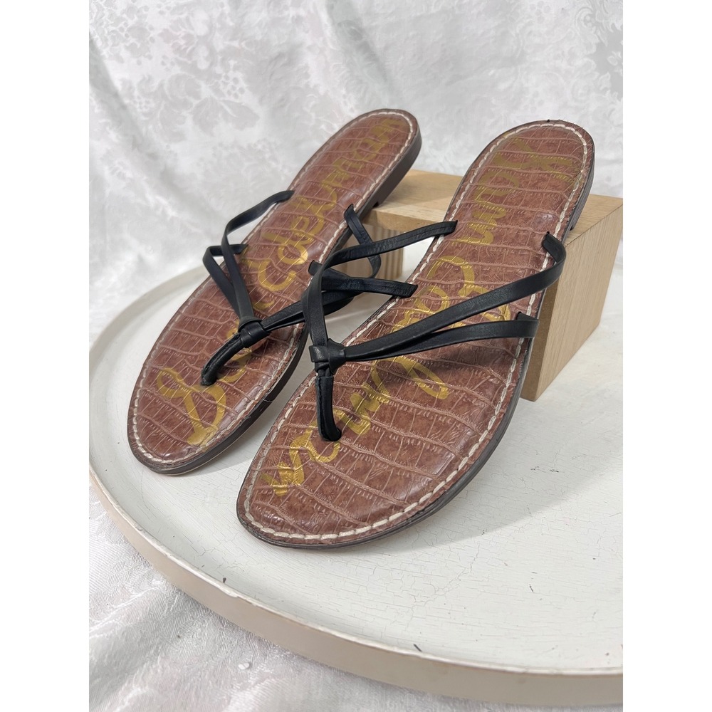 Sam Edelman Gerianne Black Leather Croc Embossed Thong Sandals Womens 9.5 M